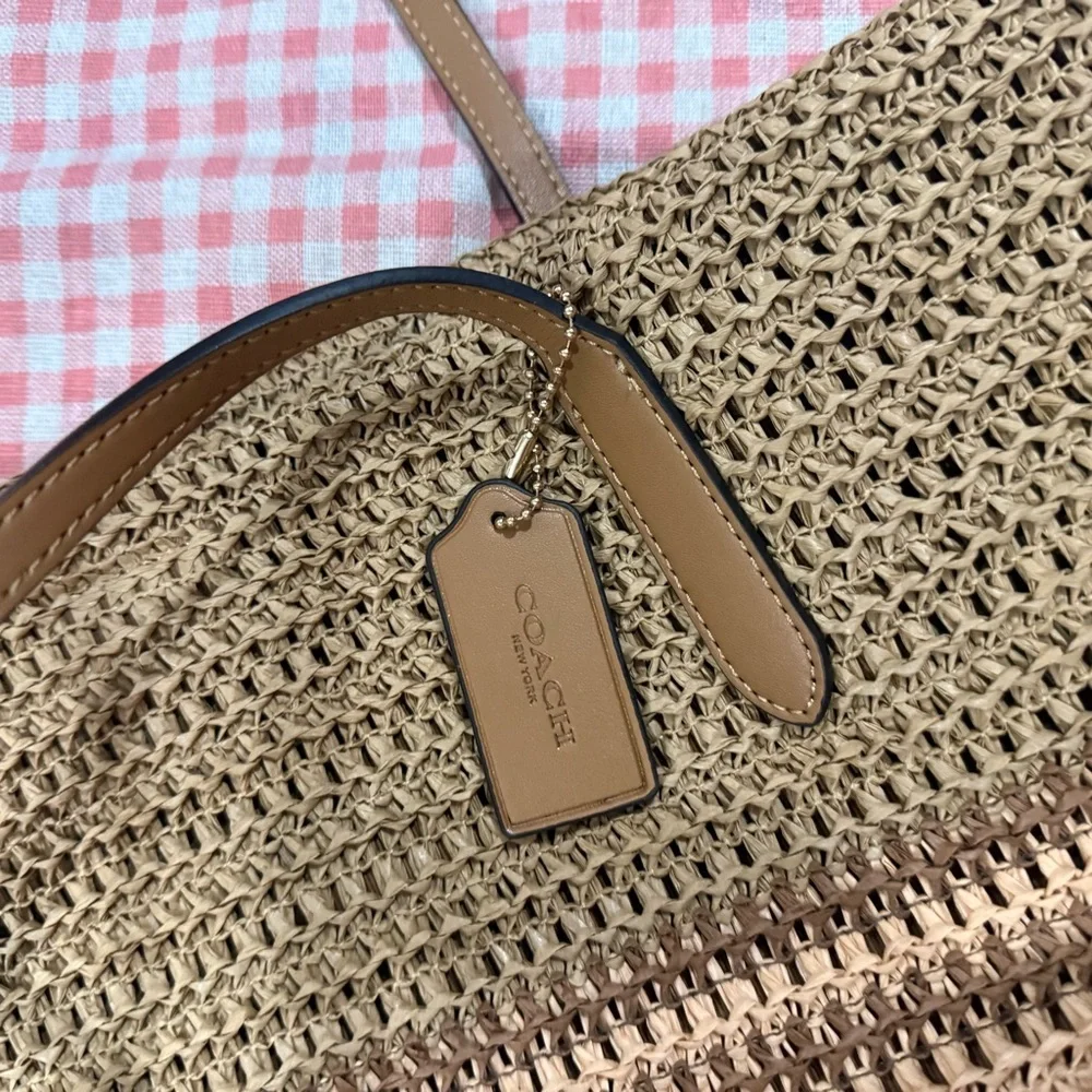 Coach Woven Straw Tote in Brown and Pink - Picture 7 of 9